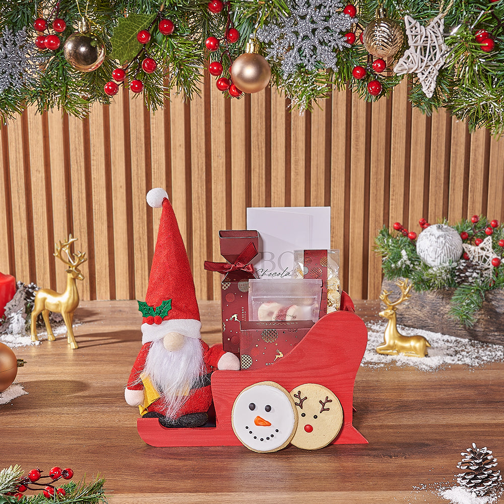 Holiday Pine Wood Sleigh Basket Featuring Gourmet Hollyberry and Laitière Treats – how the gift is presented