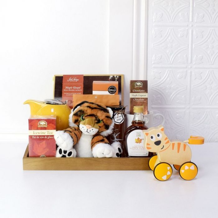 Gift Basket for Baby and Parents Featuring Toys and Fine Gourmet Foods – gift basket with hape dante push & go, perfectly plush floppy friends tiger