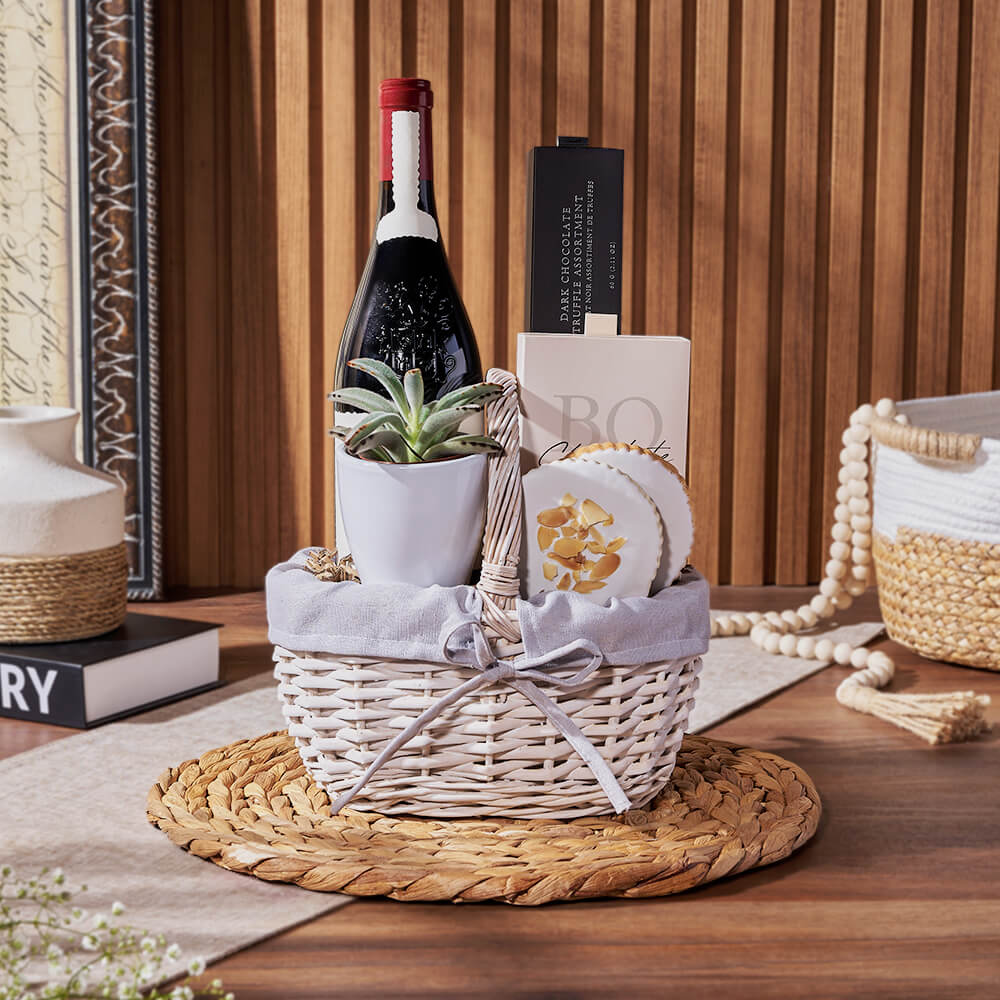 Sweet Succulent &amp; Wine Gift Basket, wine gift, wine, chocolate gift, chocolate, plant gift, plant, New Hampshire Delivery