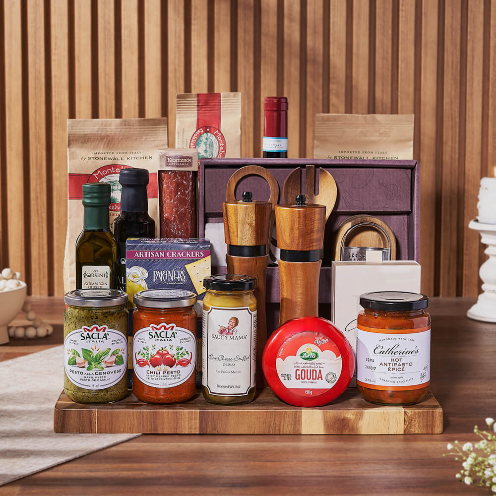 Premium Wine Gift Basket Featuring Mediterranean Gourmet Delights – how the gift is presented