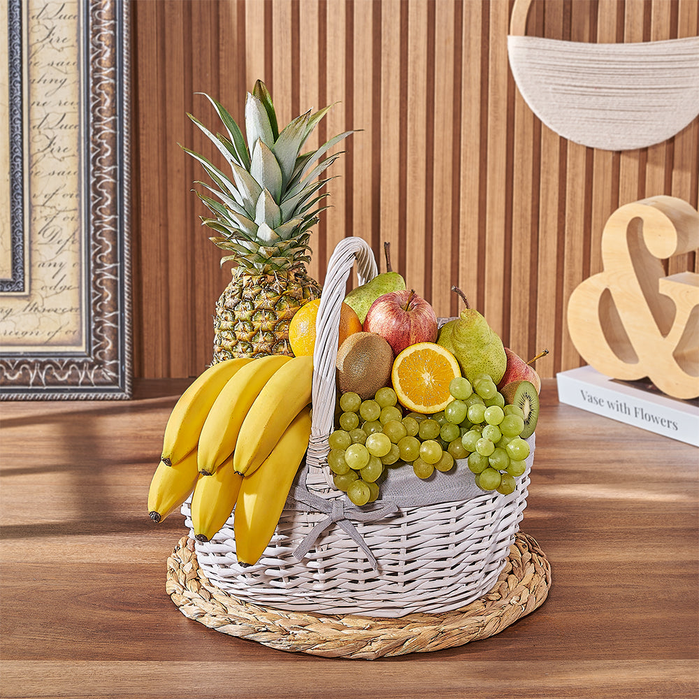 Fresh Tropical Fruit Gift Basket in Large White Wicker – how the gift is presented