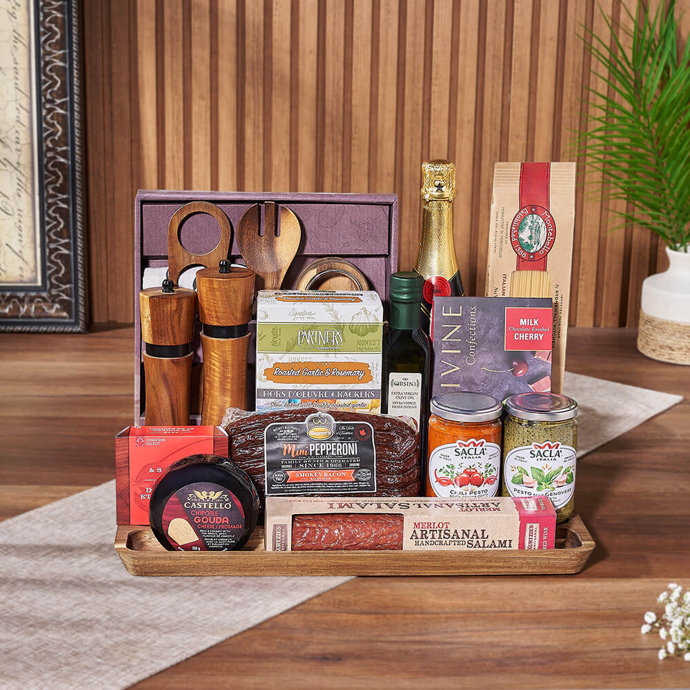 Celebration Sparkling Wine and Artisanal Food Gift with Serving Board – how the gift is presented