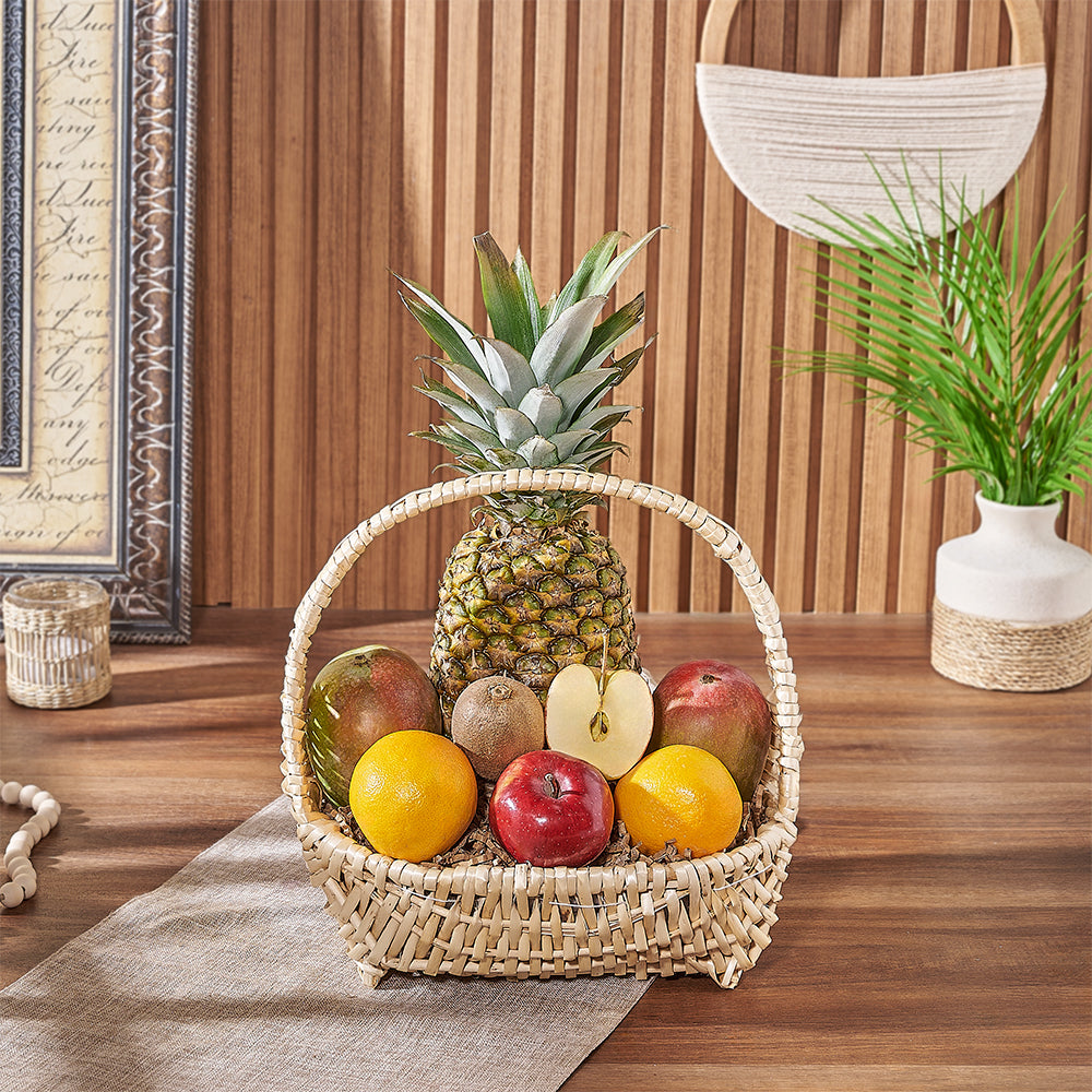 Fresh Fruit Arrangement in Wide Boat-Shaped Basket – how the gift is presented