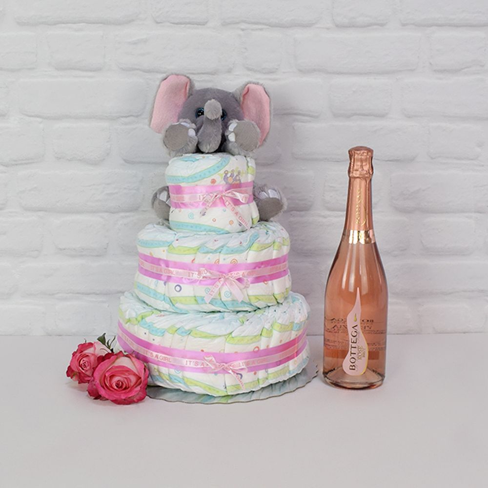 Champagne Celebration Gift Featuring Three-Tier Diaper Cake and Plush Toy – how the gift is presented