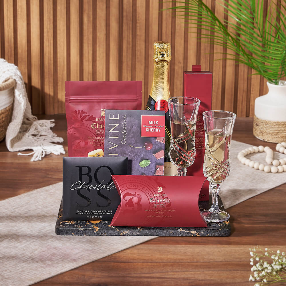 Sparkling Wine Gift Basket with Gourmet Chocolates and Marble Board – how the gift is presented