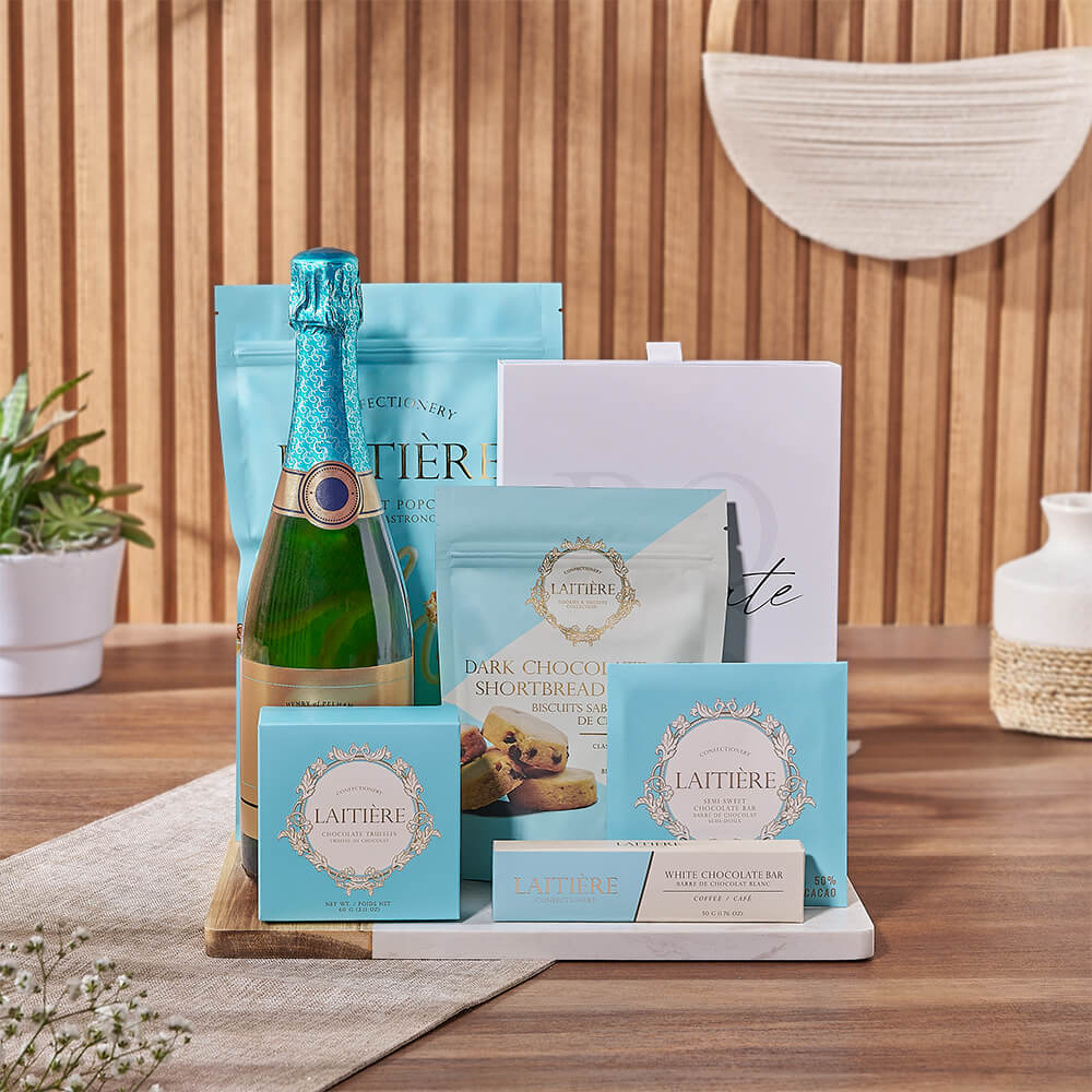 Premium Sparkling Wine Gift Basket Featuring Fine Chocolates and Serving Board – how the gift is presented