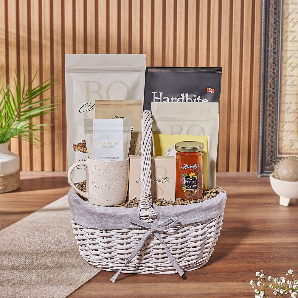 The Sparkling Snack Gift Basket, tea gift, popcorn, cookies, pretzels, tea, chocolate, honey, chips, mug, basket, New Hampshire Delivery