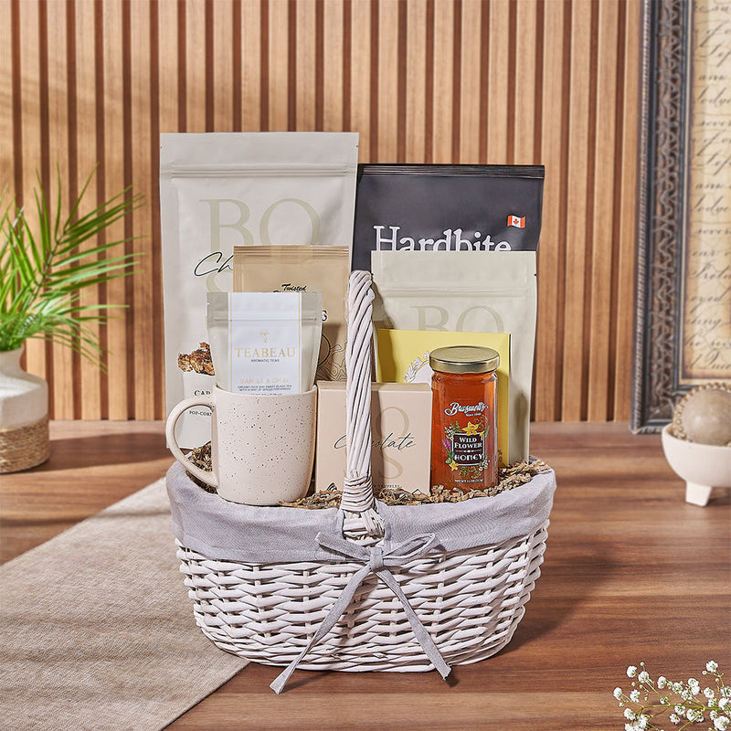 The Sparkling Snack Gift Basket, tea gift, popcorn, cookies, pretzels, tea, chocolate, honey, chips, mug, basket, New Hampshire Delivery