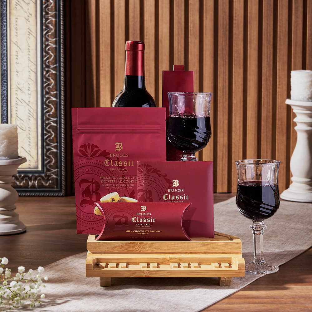 Premium Wine Basket Featuring Bruges Chocolates and Cheese Board – how the gift is presented