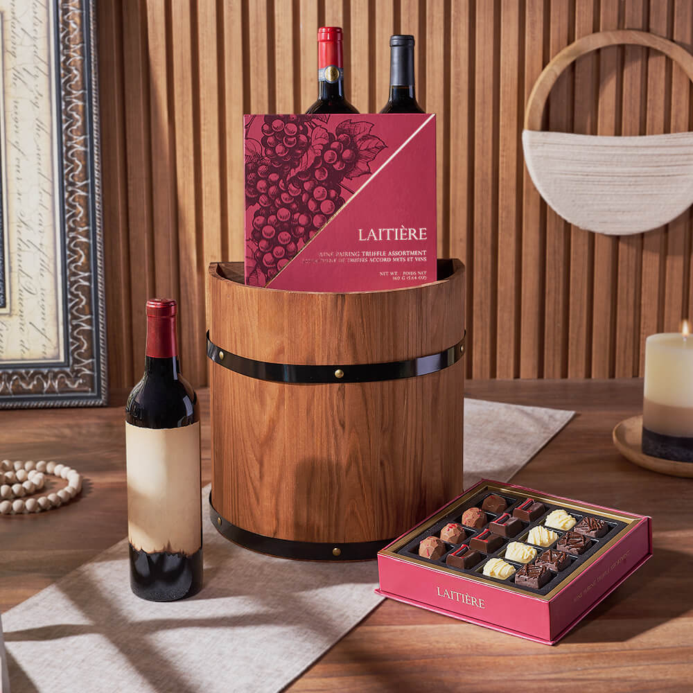 Wooden Half Barrel Three-Bottle Wine Gift Basket with Laitière Truffles – how the gift is presented