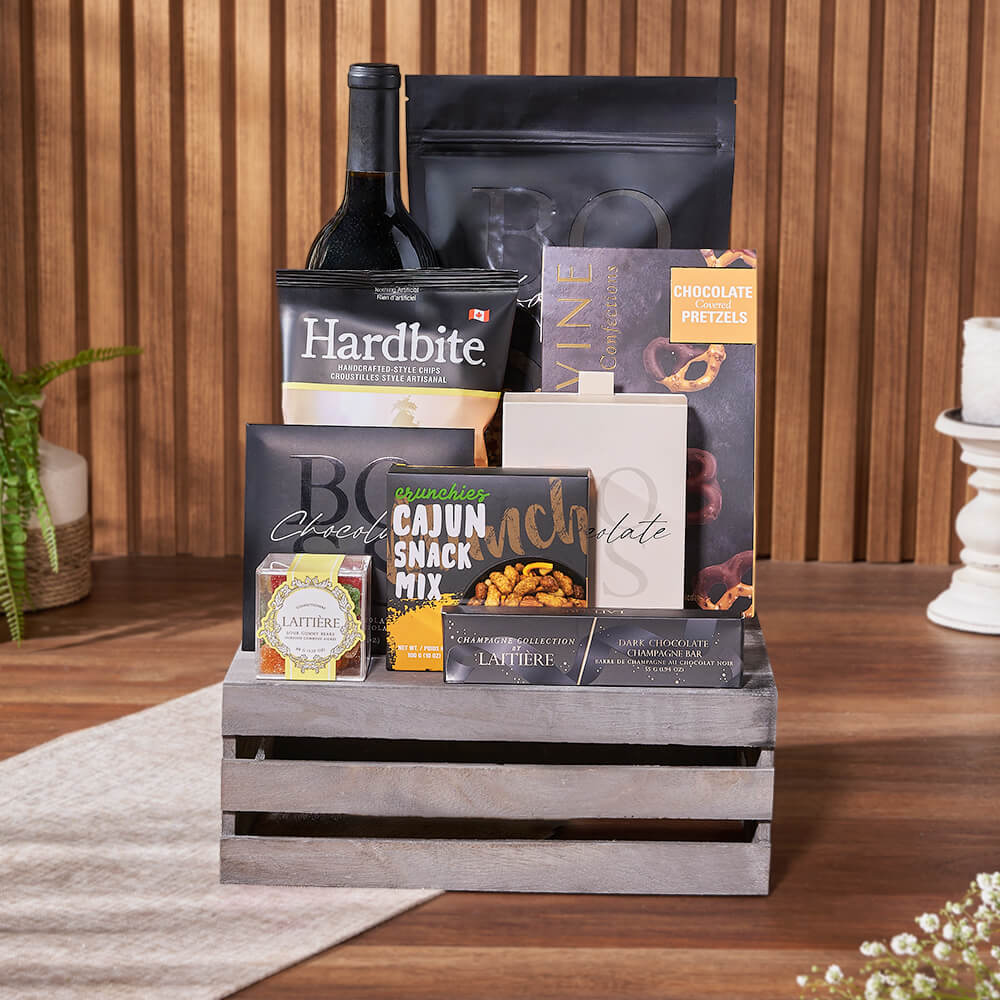 Wine and Artisan Chocolate Selection Gift Basket in Medium Wooden Crate – how the gift is presented