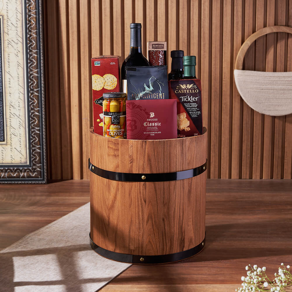 Gourmet Wine Gift Basket with Merlot Salami and Cheddar in Wooden Half Barrel – how the gift is presented