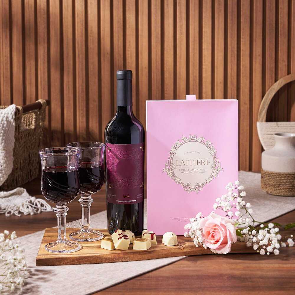 Uptown Wine &amp; Chocolate Gift Basket, wine gift, wine, chocolate gift, chocolate, rose gift, rose, New Hampshire Delivery