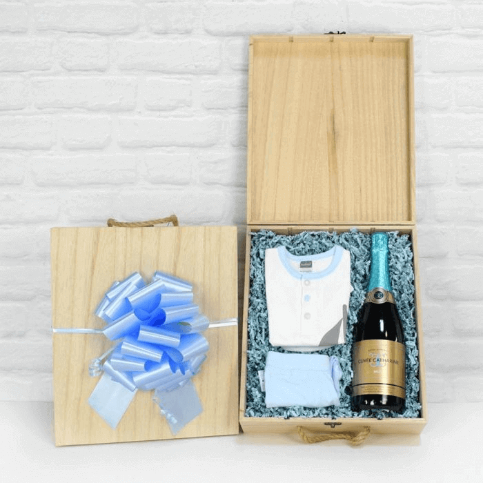 Deluxe Champagne Gift Crate with Baby Boy Bodysuit – how the gift is presented