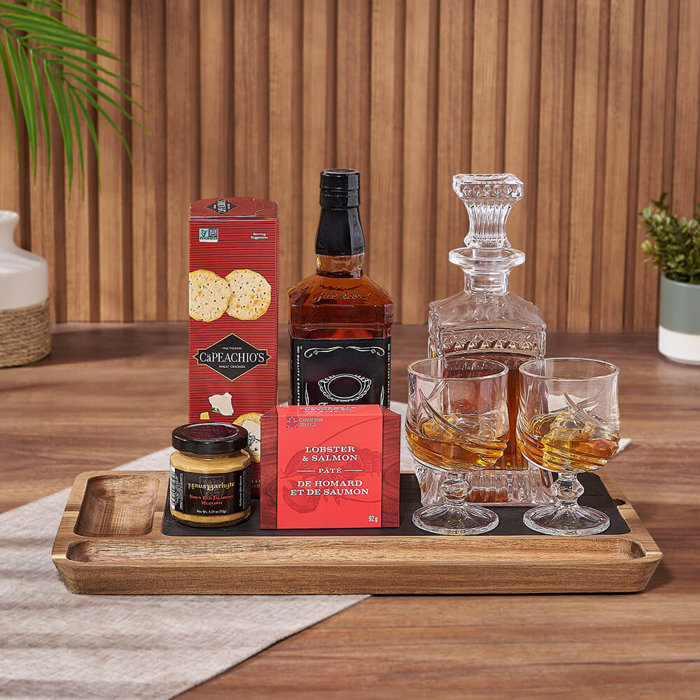 Deluxe Liquor Gift Basket Featuring Ferguson Decanter and Gourmet Savories – how the gift is presented