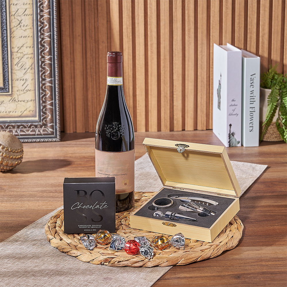 Boss Chocolate Truffles and Wine Gift Box with Serving Tools – how the gift is presented