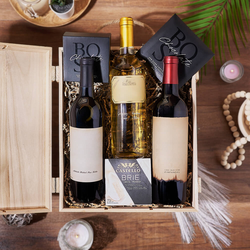 Deluxe Trio Wine Box with Dark Chocolate and Creamy Brie – how the gift is presented