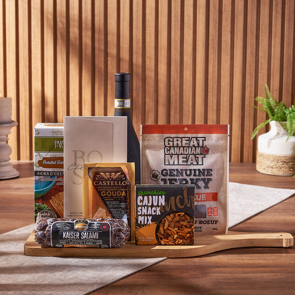 Wine &amp; Cheesy Treats Platter, wine gift, wine, cheese gift, cheese, salami gift, salami, gourmet gift, gourmet, New Hampshire Delivery