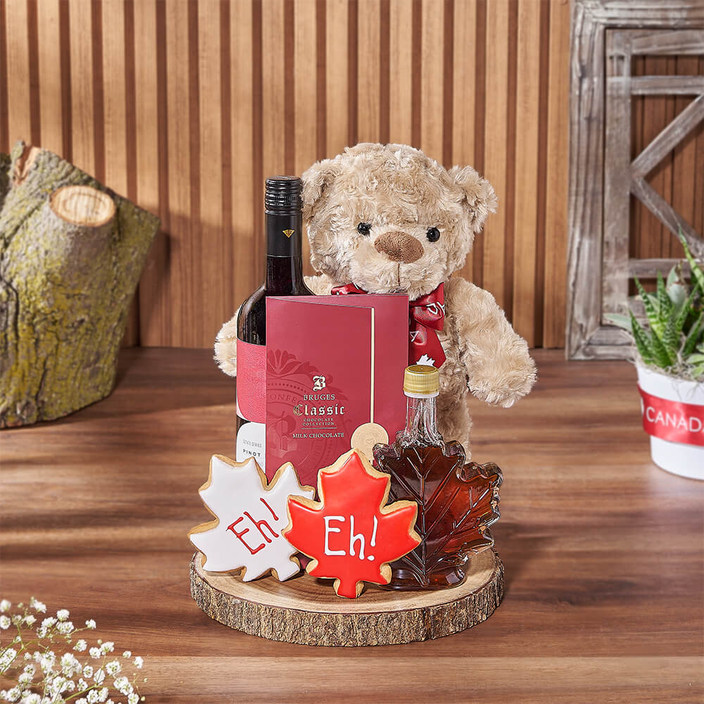 Wine &amp; Teddy Canada Day Gift, wine gift, wine, canada day gift, canada day, cookie gift, cookie, plush gift, plush, New Hampshire delivery
