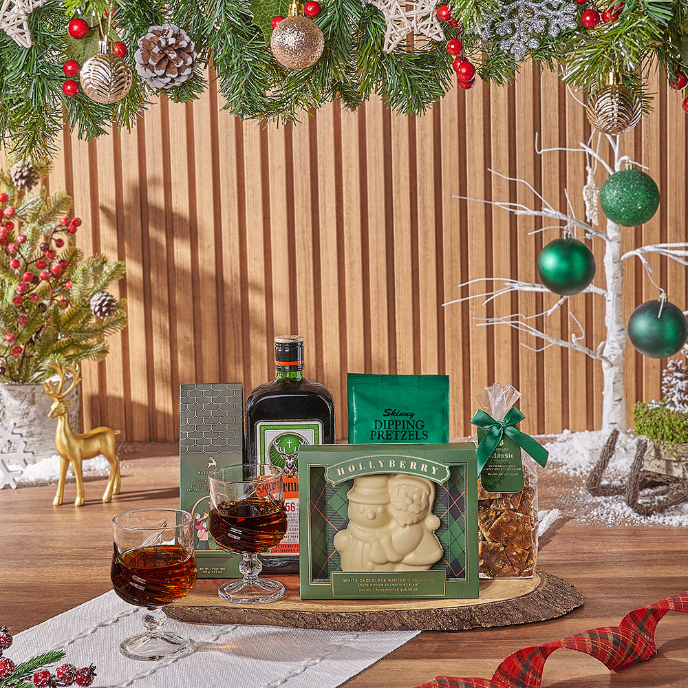 Yuletide Liquor &amp; Snack Basket, Christmas gift, Christmas, liquor gift, liquor, chocolate gift, chocolate, New Hampshire delivery