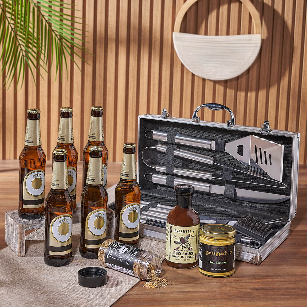 Beer Gift Basket with Premium Haus Barhyte Sauces and Grill Set – how the gift is presented